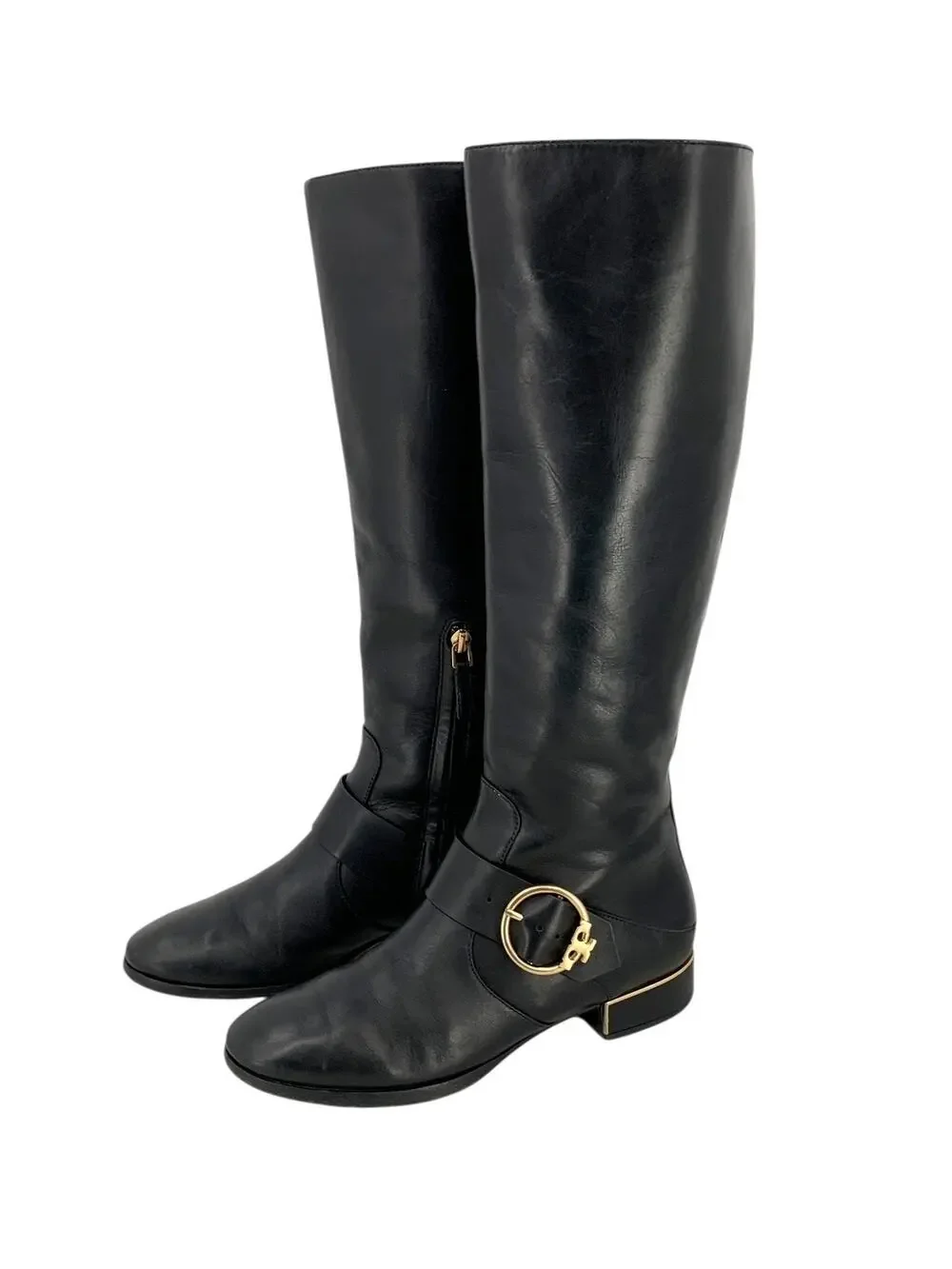 Tory Burch SOFIA BUCKLED Logo Knee High Riding Boot Flat Equestrian 7M Black